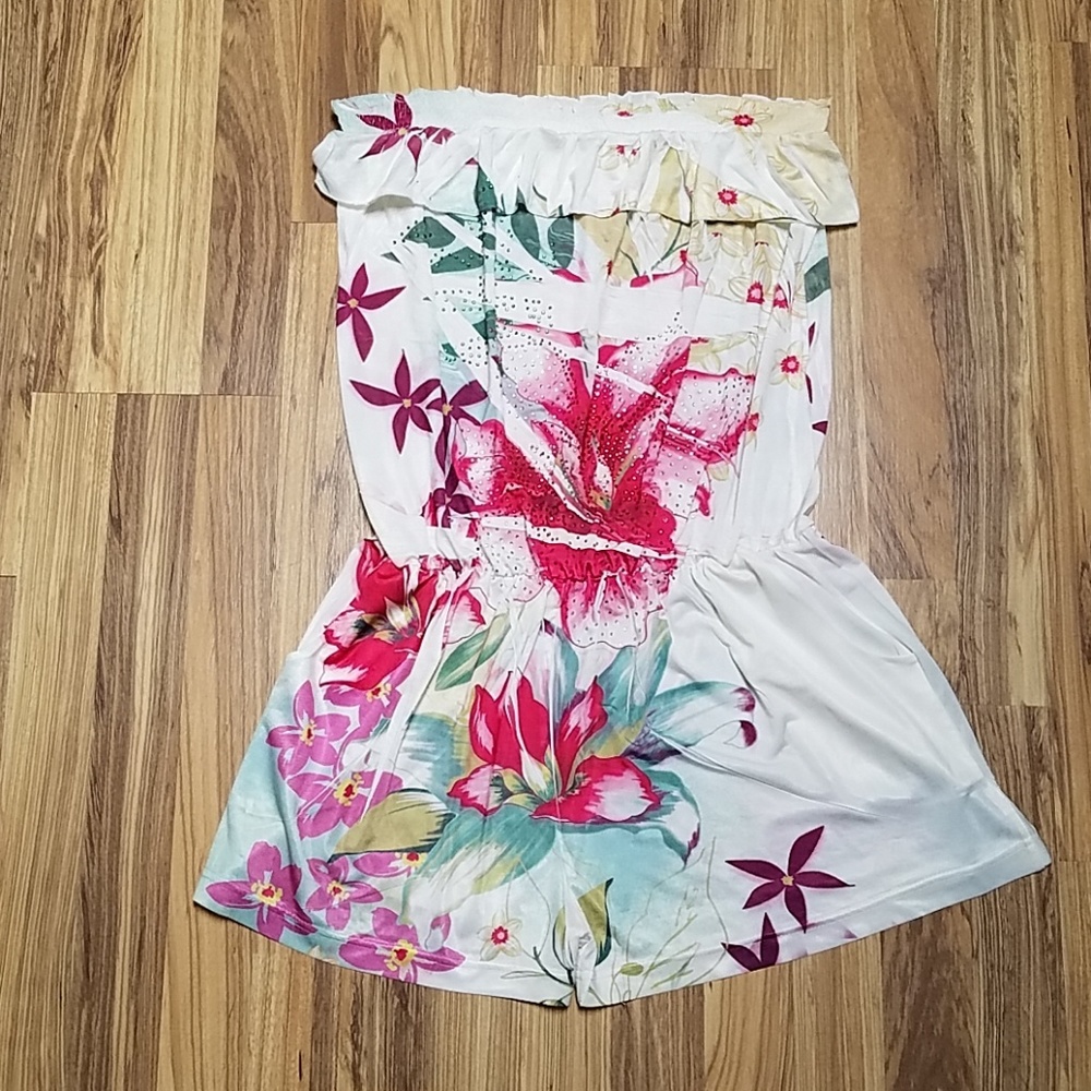 White strapless floral romper